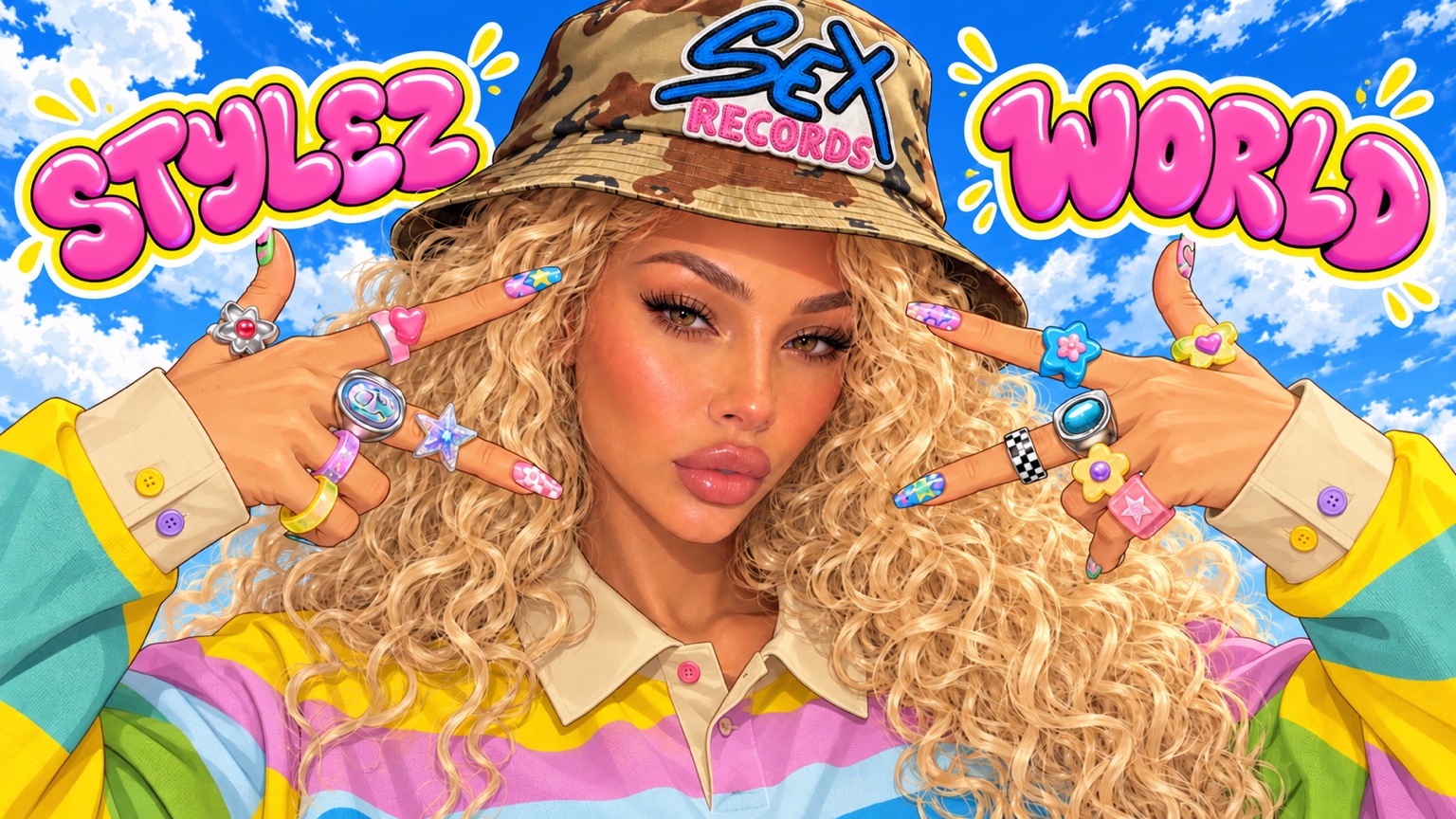 STYLEZ WORLD banner: Stylez in a camo hat against a blue sky, with pink graffiti lettering